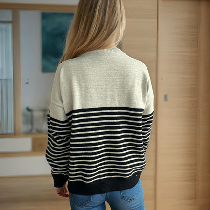 Spliced Striped Cardigan Sweater Women-Spring and Autumn Loose Button Knitted Sweater Jacket