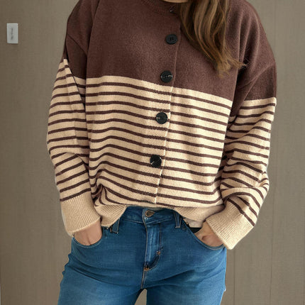 Spliced Striped Cardigan Sweater Women-Spring and Autumn Loose Button Knitted Sweater Jacket