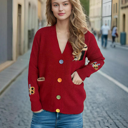Women's Flower Embroidered Sweater V-Neck Contrast Color Sweater Casual Cardigan Jacket