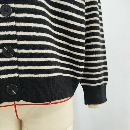 Spliced Striped Cardigan Sweater Women-Spring and Autumn Loose Button Knitted Sweater Jacket