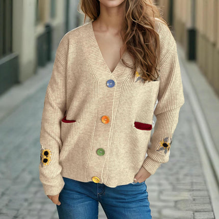 Women's Flower Embroidered Sweater V-Neck Contrast Color Sweater Casual Cardigan Jacket