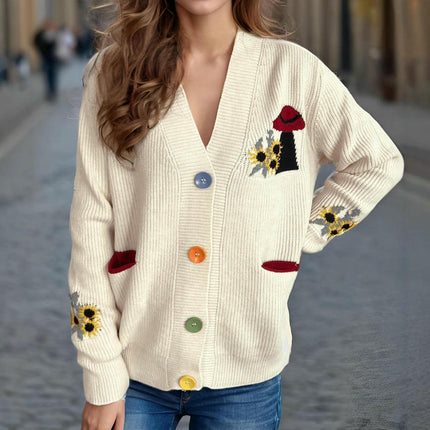 Women's Flower Embroidered Sweater V-Neck Contrast Color Sweater Casual Cardigan Jacket