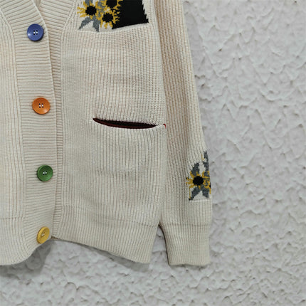 Women's Flower Embroidered Sweater V-Neck Contrast Color Sweater Casual Cardigan Jacket