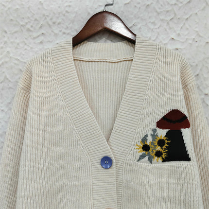 Women's Flower Embroidered Sweater V-Neck Contrast Color Sweater Casual Cardigan Jacket