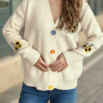 Women's Flower Embroidered Sweater V-Neck Contrast Color Sweater Casual Cardigan Jacket