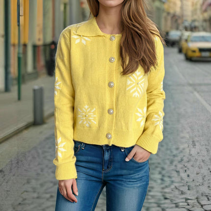 Beaded Button Knitted Cardigan Women's Lapel Snowflake Long Sleeves All-match Sweater