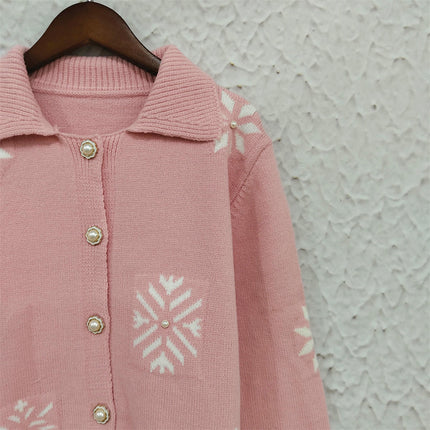 Beaded Button Knitted Cardigan Women's Lapel Snowflake Long Sleeves All-match Sweater