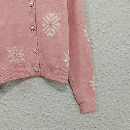 Beaded Button Knitted Cardigan Women's Lapel Snowflake Long Sleeves All-match Sweater