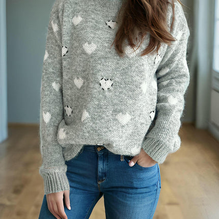 Casual Women's Sweater Round Neck Love Jacquard Pullover Loose Knit Top