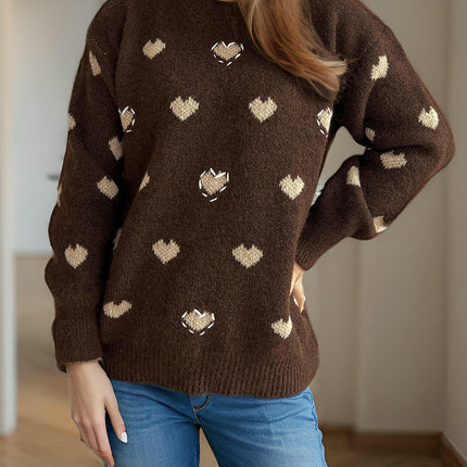 Casual Women's Sweater Round Neck Love Jacquard Pullover Loose Knit Top