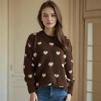 Casual Women's Sweater Round Neck Love Jacquard Pullover Loose Knit Top