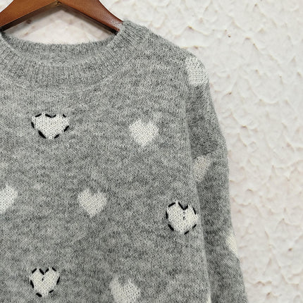 Casual Women's Sweater Round Neck Love Jacquard Pullover Loose Knit Top