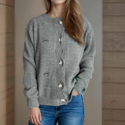 Round Neck Solid Color Casual Button Cardigan Spliced Bowknot Women's Sweater