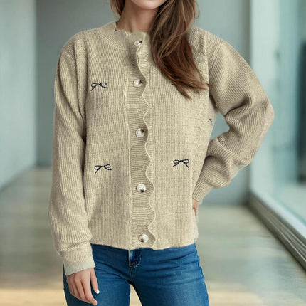 Round Neck Solid Color Casual Button Cardigan Spliced Bowknot Women's Sweater