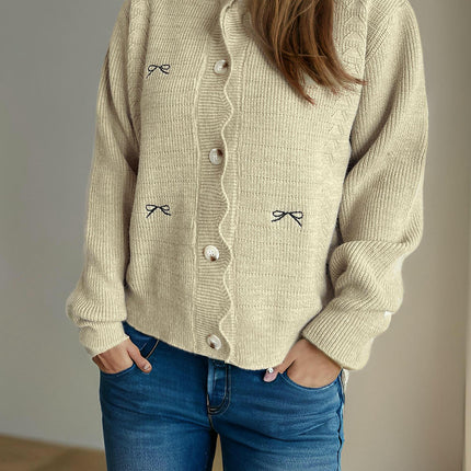 Round Neck Solid Color Casual Button Cardigan Spliced Bowknot Women's Sweater
