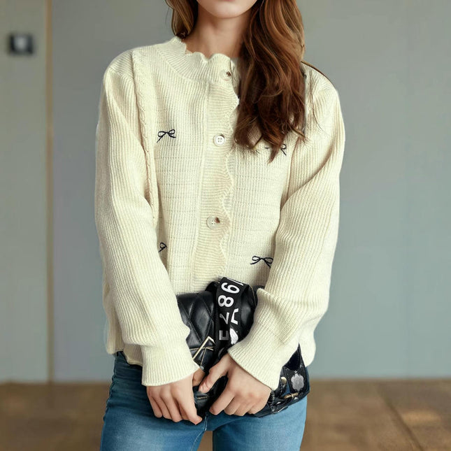 Round Neck Solid Color Casual Button Cardigan Spliced Bowknot Women's Sweater