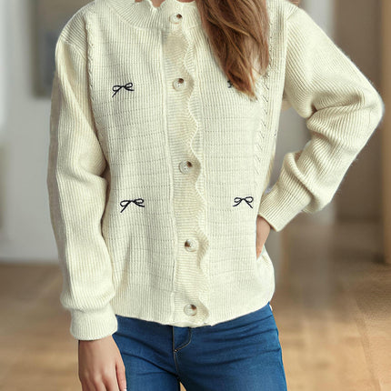Round Neck Solid Color Casual Button Cardigan Spliced Bowknot Women's Sweater