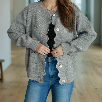 Round Neck Solid Color Casual Button Cardigan Spliced Bowknot Women's Sweater