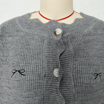 Round Neck Solid Color Casual Button Cardigan Spliced Bowknot Women's Sweater