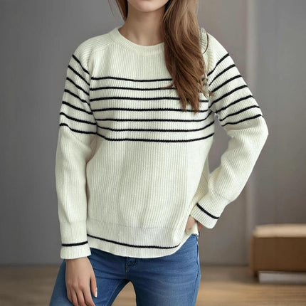 Winter Contrast Stripe Women's Sweater Round Neck Casual Long Sleeve Knit Top