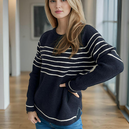 Winter Contrast Stripe Women's Sweater Round Neck Casual Long Sleeve Knit Top