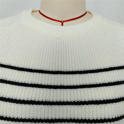Winter Contrast Stripe Women's Sweater Round Neck Casual Long Sleeve Knit Top