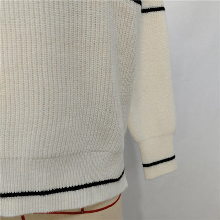 Winter Contrast Stripe Women's Sweater Round Neck Casual Long Sleeve Knit Top