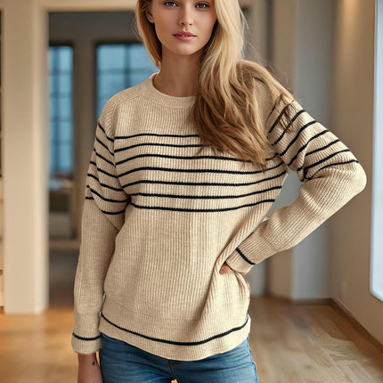 Winter Contrast Stripe Women's Sweater Round Neck Casual Long Sleeve Knit Top
