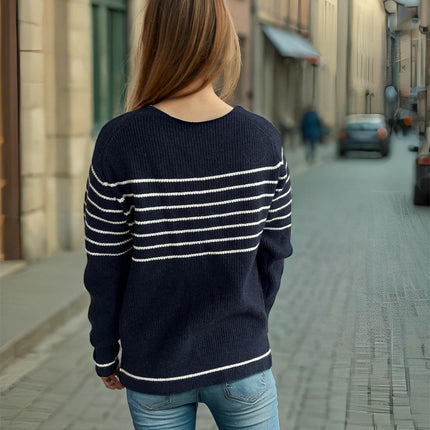 Winter Contrast Stripe Women's Sweater Round Neck Casual Long Sleeve Knit Top