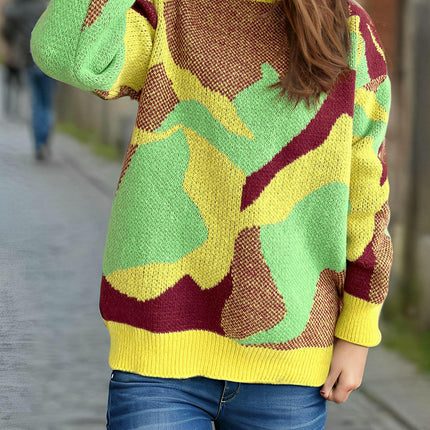 Women Round Neck Contrast Color Sweater Fashion Jacquard Casual Pullover Sweater