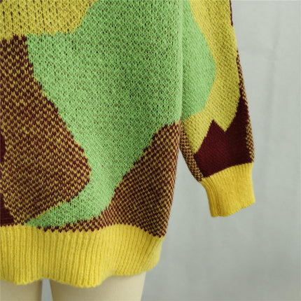 Women Round Neck Contrast Color Sweater Fashion Jacquard Casual Pullover Sweater
