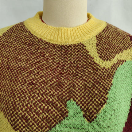Women Round Neck Contrast Color Sweater Fashion Jacquard Casual Pullover Sweater