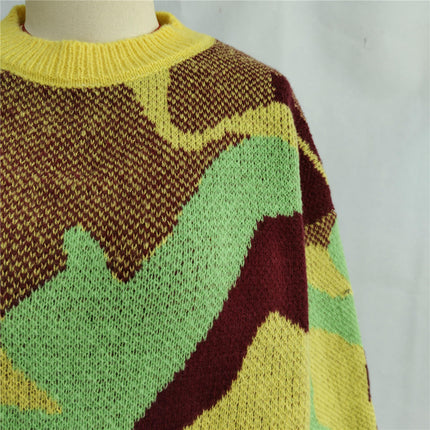 Women Round Neck Contrast Color Sweater Fashion Jacquard Casual Pullover Sweater