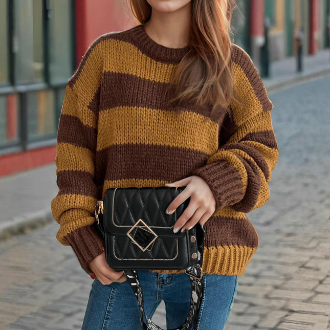 Contrast Striped Chunky Knit Sweater Women's Round Neck Casual Loose Pullover