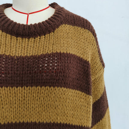 Contrast Striped Chunky Knit Sweater Women's Round Neck Casual Loose Pullover