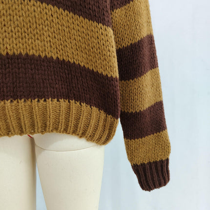 Contrast Striped Chunky Knit Sweater Women's Round Neck Casual Loose Pullover