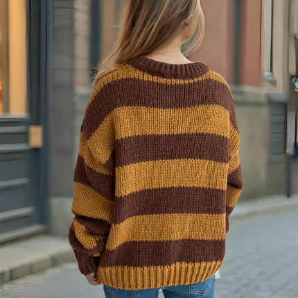 Contrast Striped Chunky Knit Sweater Women's Round Neck Casual Loose Pullover