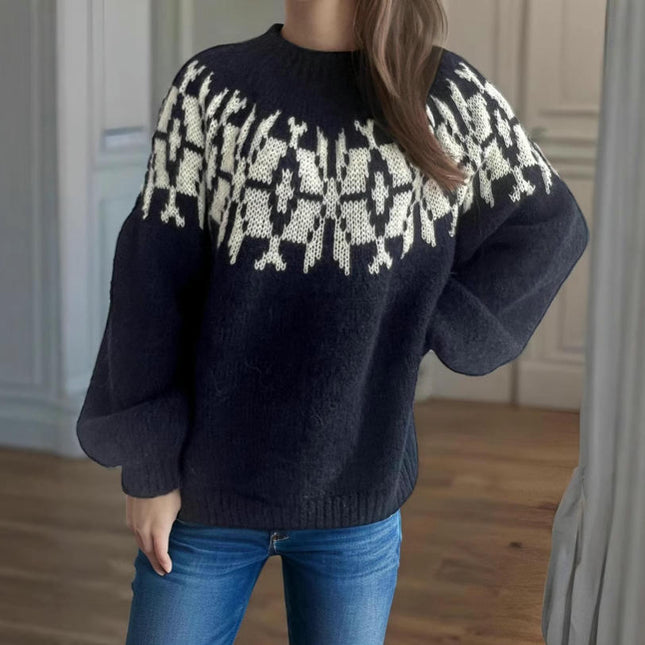 Women's Long Sleeve Casual Pullover Sweater Round Neck Contrast Loose Knit Cardigan