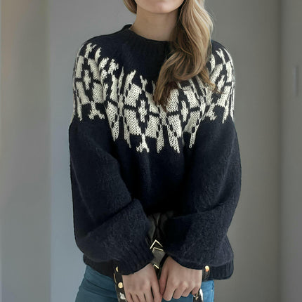 Women's Long Sleeve Casual Pullover Sweater Round Neck Contrast Loose Knit Cardigan