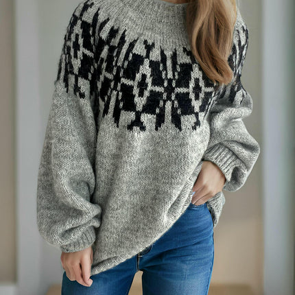 Women's Long Sleeve Casual Pullover Sweater Round Neck Contrast Loose Knit Cardigan