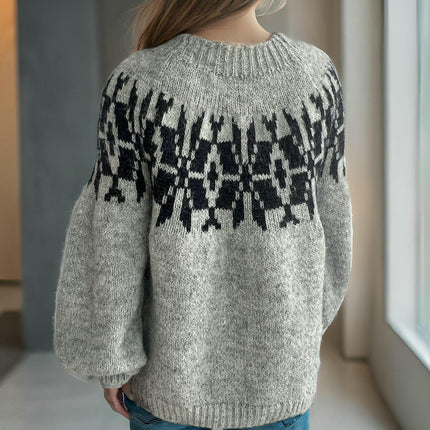 Women's Long Sleeve Casual Pullover Sweater Round Neck Contrast Loose Knit Cardigan