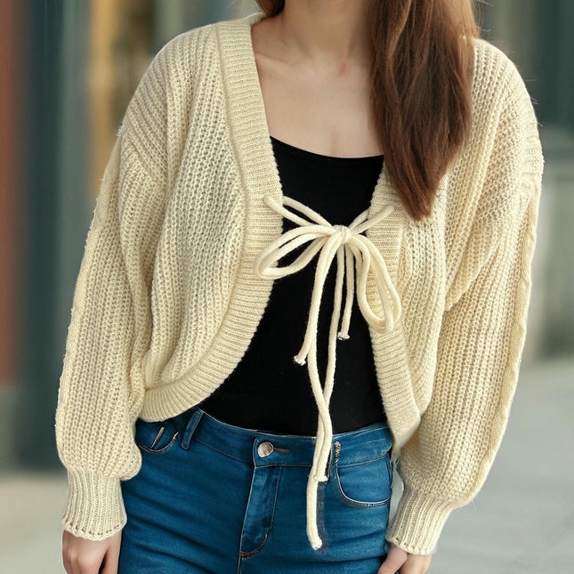 Women's Long Sleeve Cardigan Sweater Tie Bow Short Solid Color Knitted Jacket