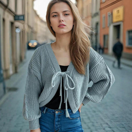 Women's Long Sleeve Cardigan Sweater Tie Bow Short Solid Color Knitted Jacket