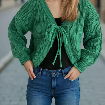 Women's Long Sleeve Cardigan Sweater Tie Bow Short Solid Color Knitted Jacket