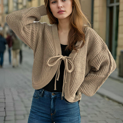 Women's Long Sleeve Cardigan Sweater Tie Bow Short Solid Color Knitted Jacket