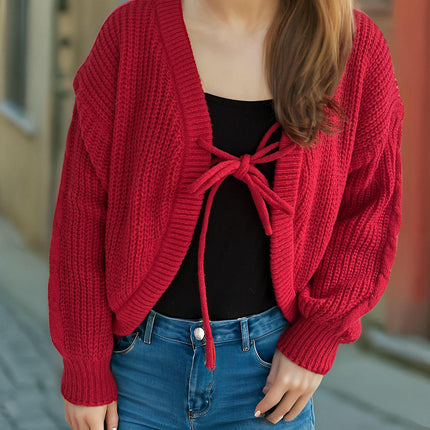 Women's Long Sleeve Cardigan Sweater Tie Bow Short Solid Color Knitted Jacket