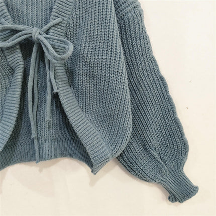 Women's Long Sleeve Cardigan Sweater Tie Bow Short Solid Color Knitted Jacket