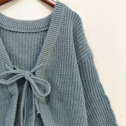 Women's Long Sleeve Cardigan Sweater Tie Bow Short Solid Color Knitted Jacket