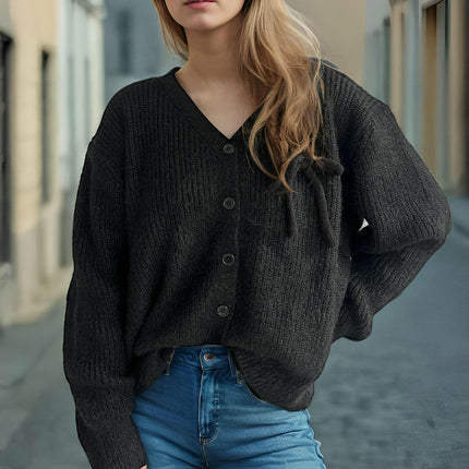 Solid Color Loose Women's Sweater V-Neck Casual Bowknitted Button Cardigan