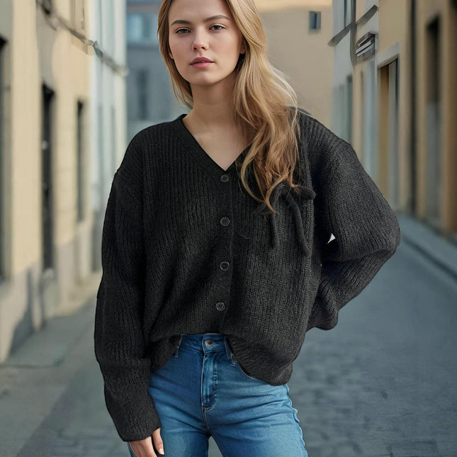 Solid Color Loose Women's Sweater V-Neck Casual Bowknitted Button Cardigan